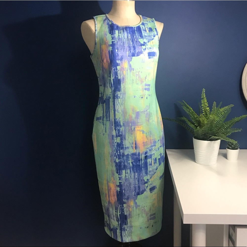Watercolor Print Scuba Midi Bodycon Dress